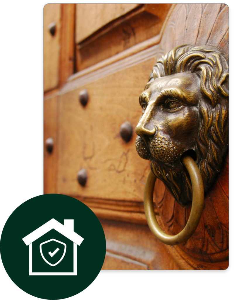 Wooden door of tenant home with lion knocker with house icon and checkmark in bottom left corner to represent tenant Rent Reporting